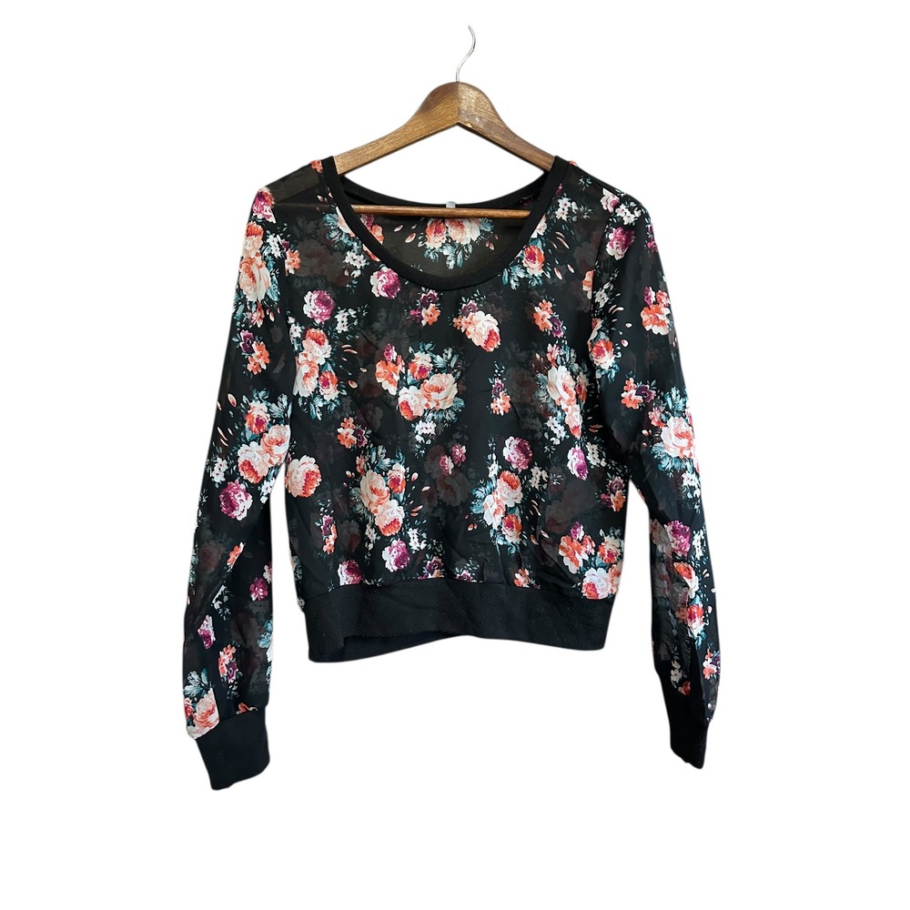 Charlotte Russe Black Floral Sheer Long Sleeve Top Women's Size S
